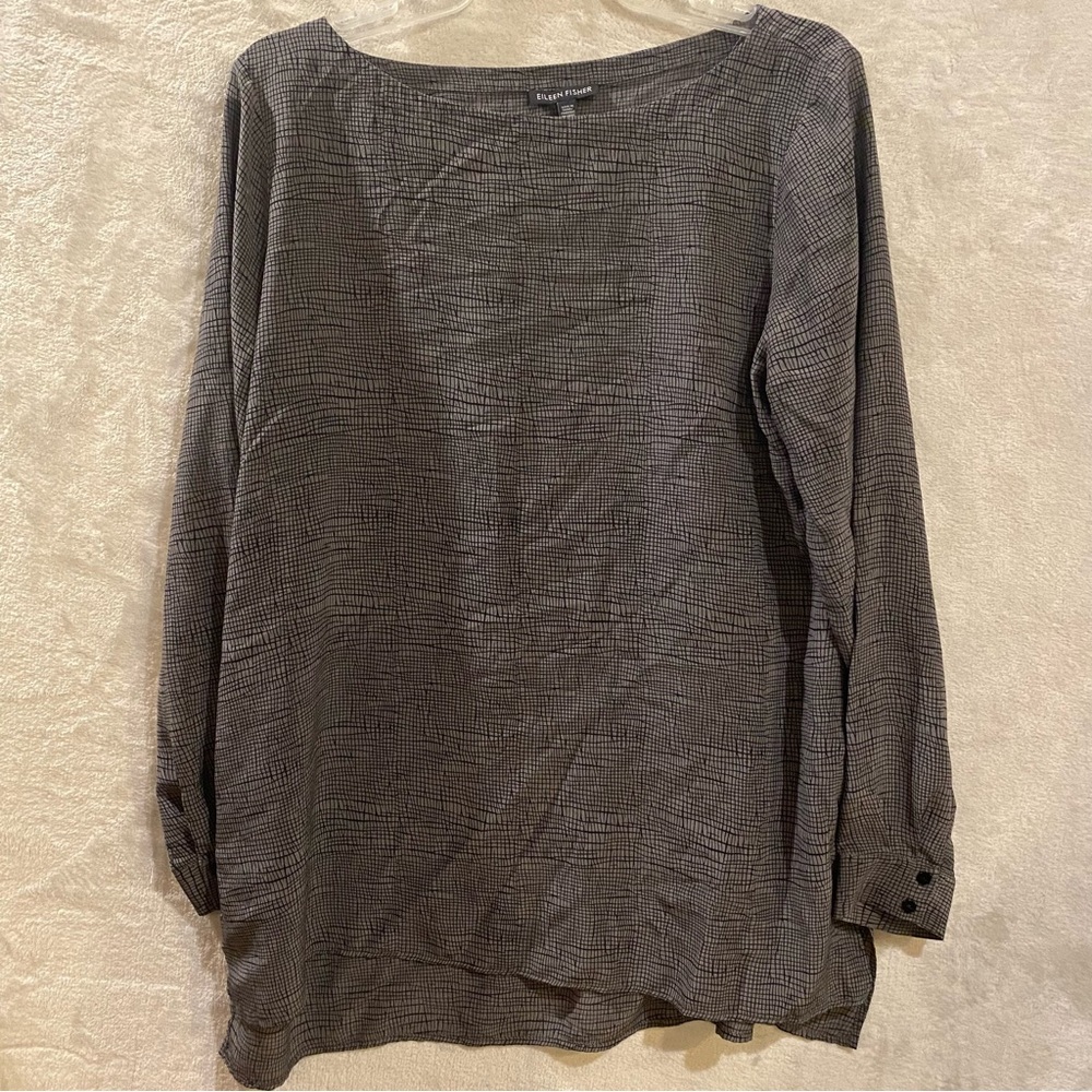 Eileen Fisher Top Womens Medium Gray Black Print Silk Pullover Boatneck